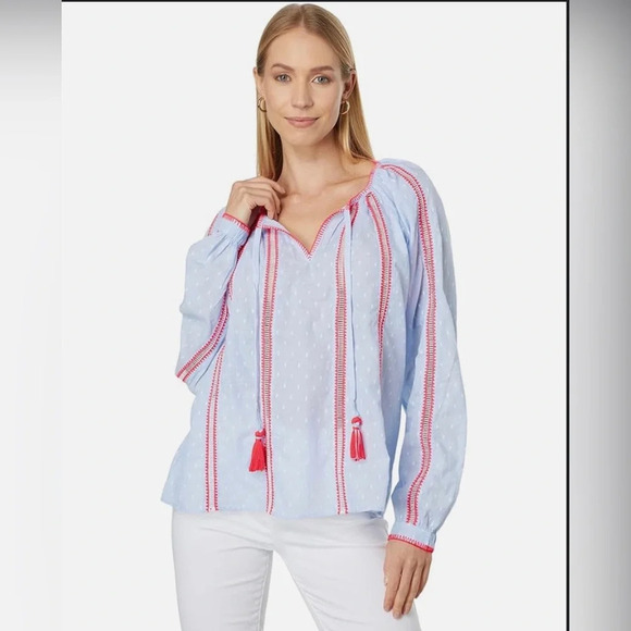 ! Lilly Pulitzer Mardi Long Sleeve Chambray Tassel Top Cotton Clip Blue XL… - Picture 2 of 7